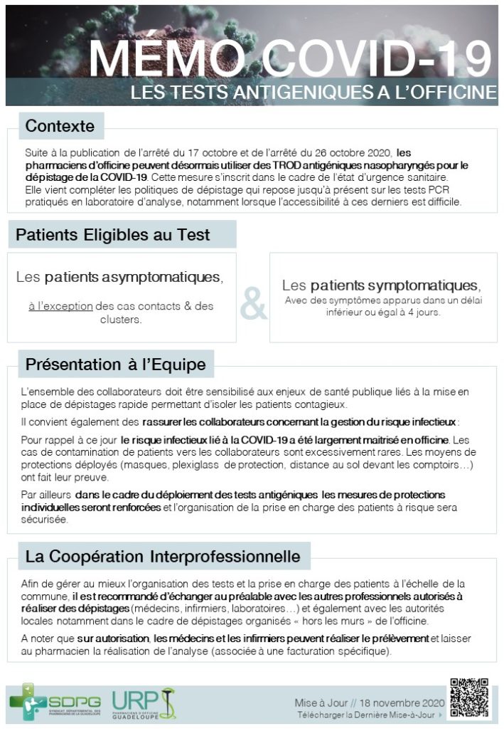 COVID 19 - Les tests antigéniques à l'officine (mémo)